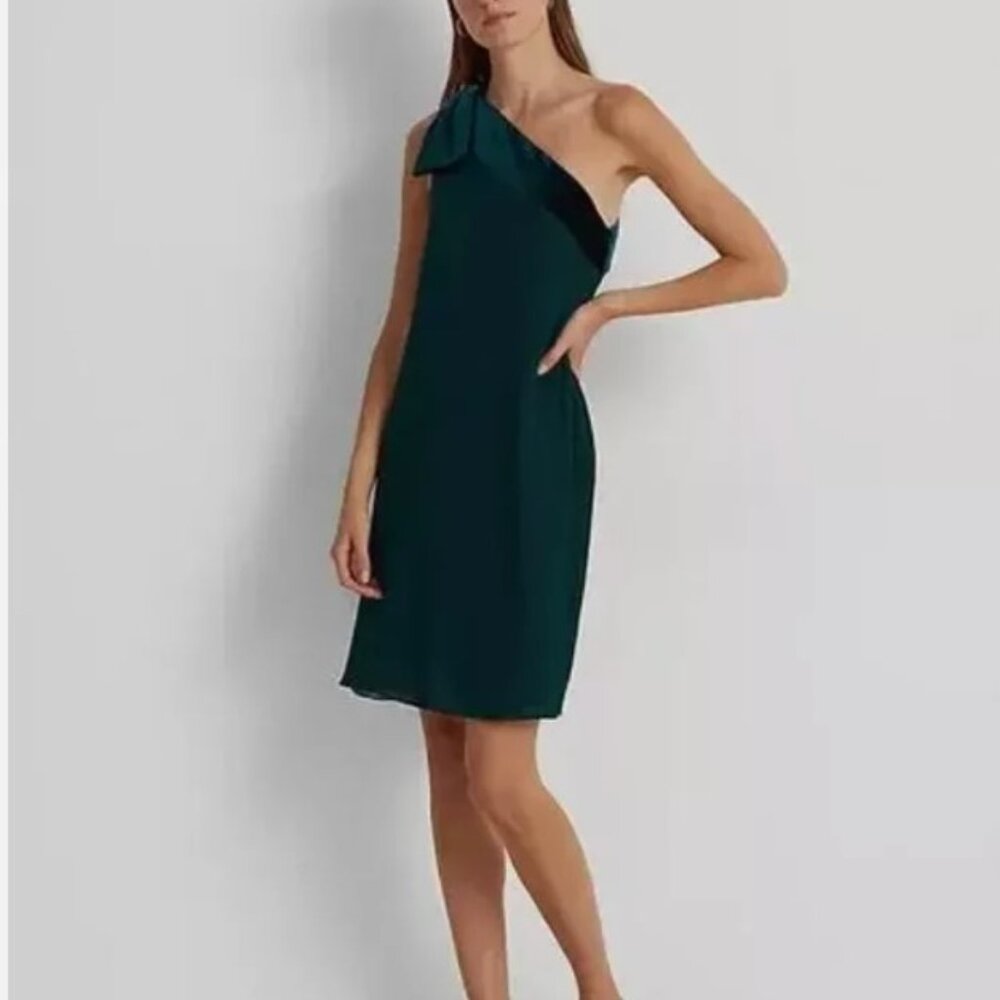 NWT Lauren Ralph Lauren Chiffon One Shoulder Dress Green 8